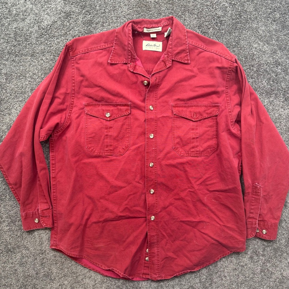 Vintage Eddie Bauer Elkhorn Canvas Shirt Mens Large Red Cotton Button Down USA